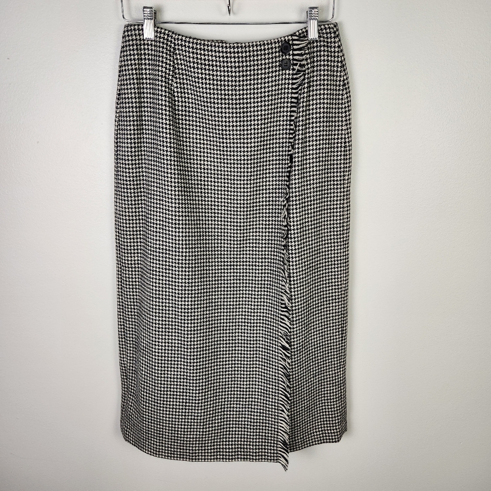 Vintage Talbots Black & White Houndstooth Faux Wrap Maxi Skirt Fringe (8) #0591‎